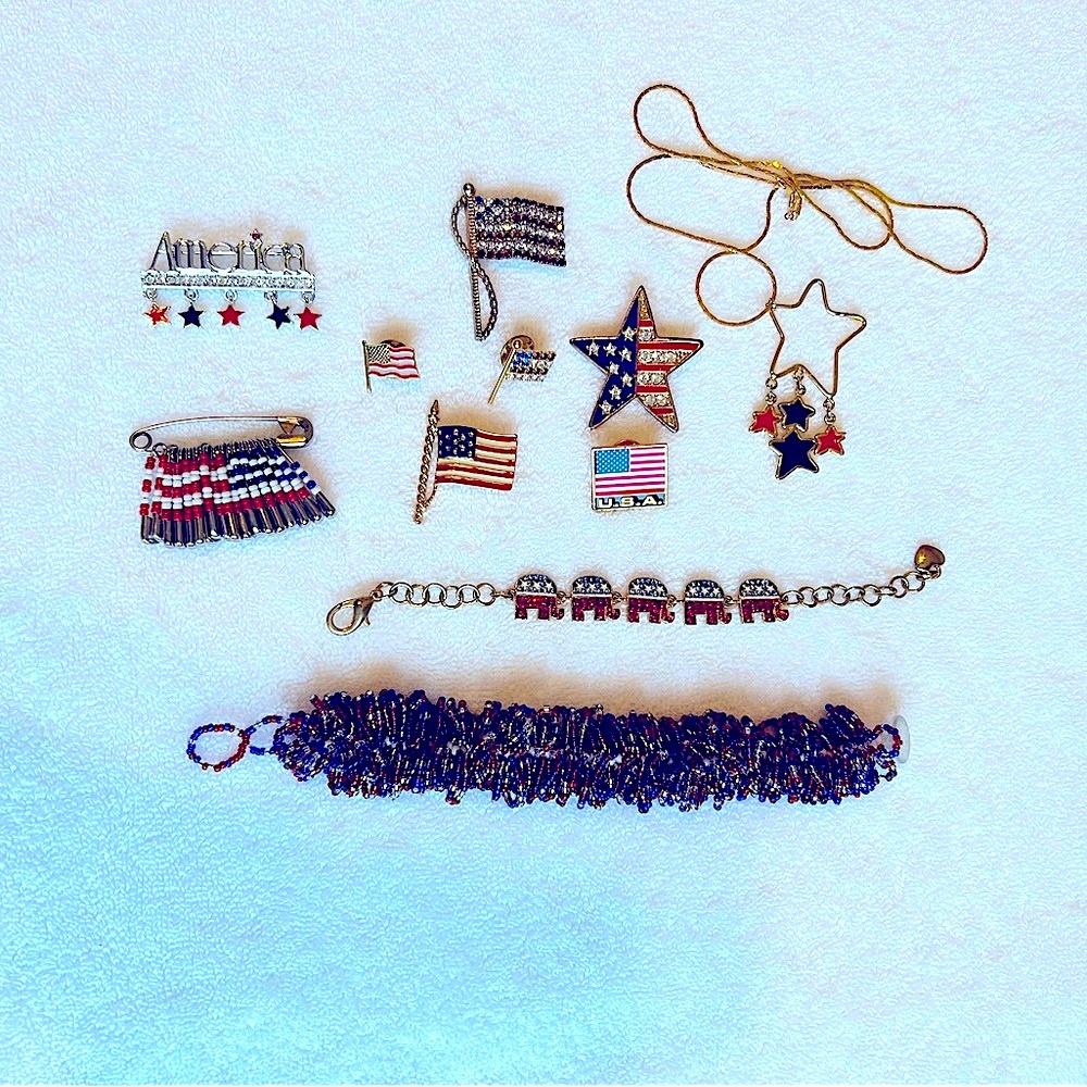 Patriotic jewelry, 11 pieces, some vintage